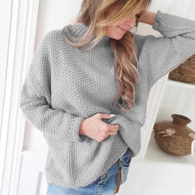 Women's relaxed fit high neck pullover sweater textured knit long sleeves cozy modern style