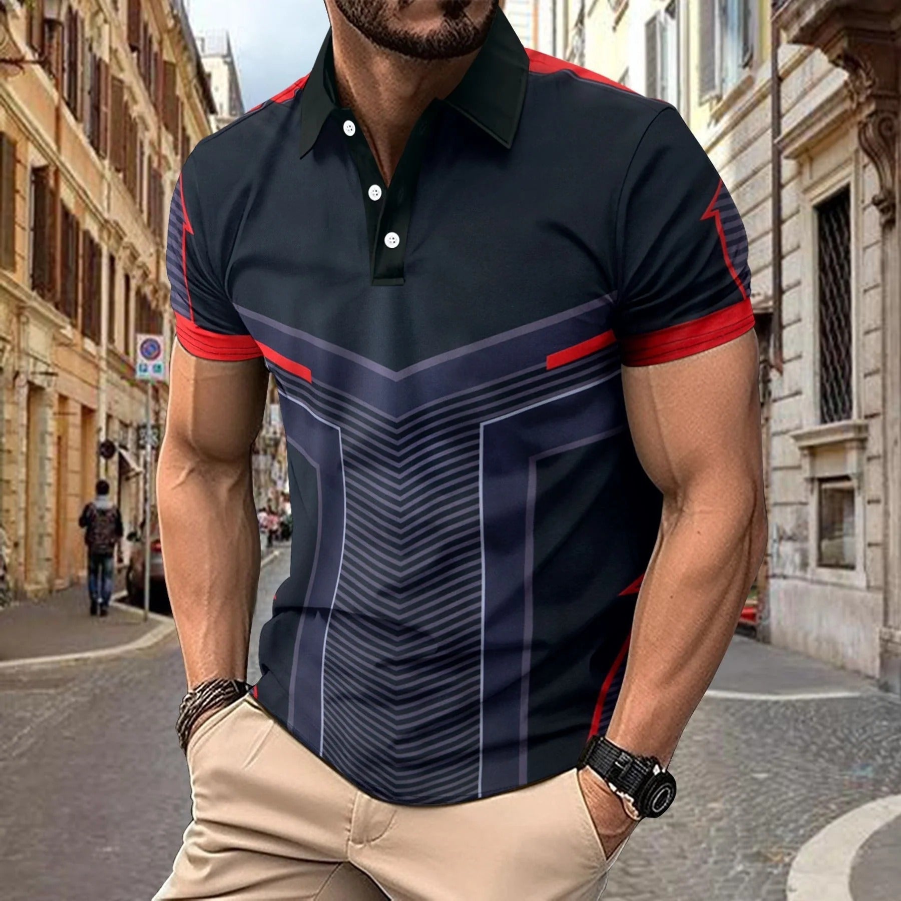 Men's slim fit breathable knit polo shirt geometric print short sleeve modern style