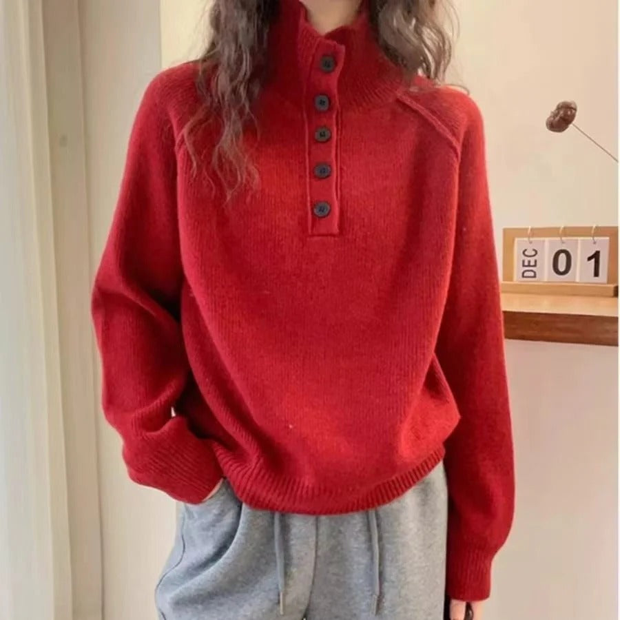 Women's relaxed fit ribbed knit sweater high collar with button details cozy everyday style