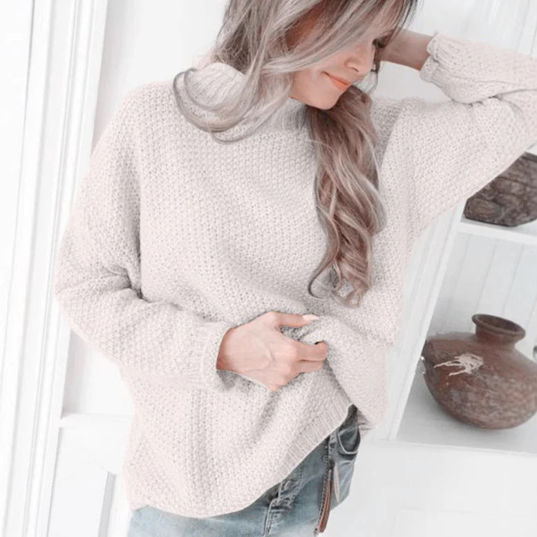 Women's relaxed fit high neck pullover sweater textured knit long sleeves cozy modern style