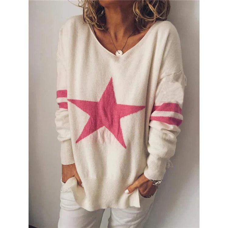 Women's relaxed fit soft knit crew neck sweater with star front detail and striped sleeves