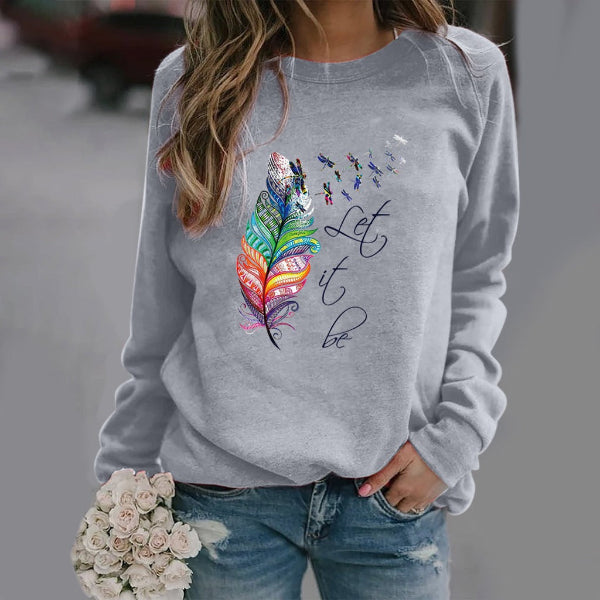 Women's relaxed fit cotton blend crew neck sweatshirt with subtle feather print long sleeve