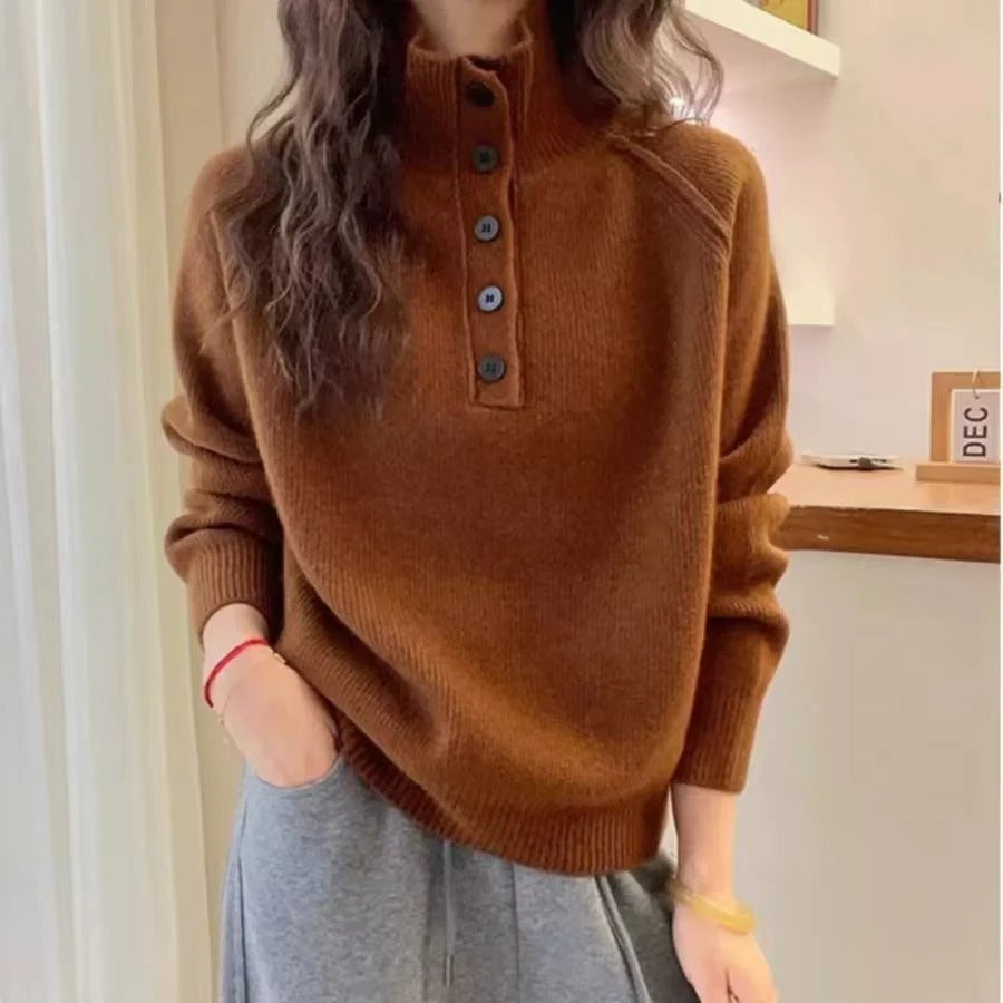Women's relaxed fit rib knit sweater high collar with button details cozy everyday style