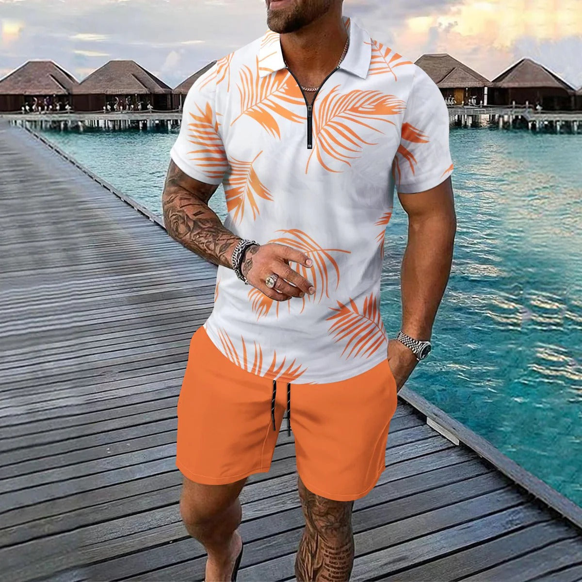 Men's slim fit polo shirt tropical pattern zip collar short sleeve breathable summer casual top