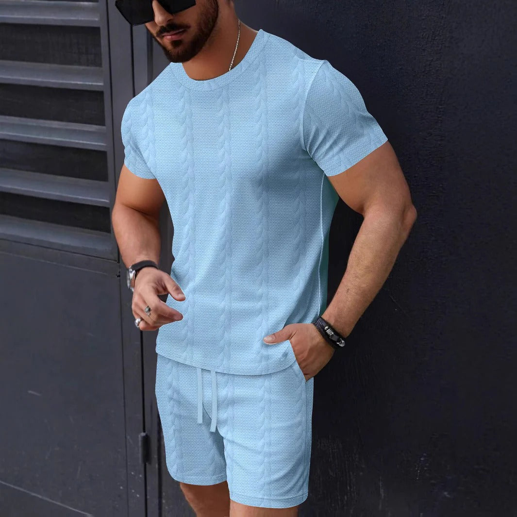 Men's textured knit t-shirt and shorts set, regular fit, round neck, drawstring waist, lounge style