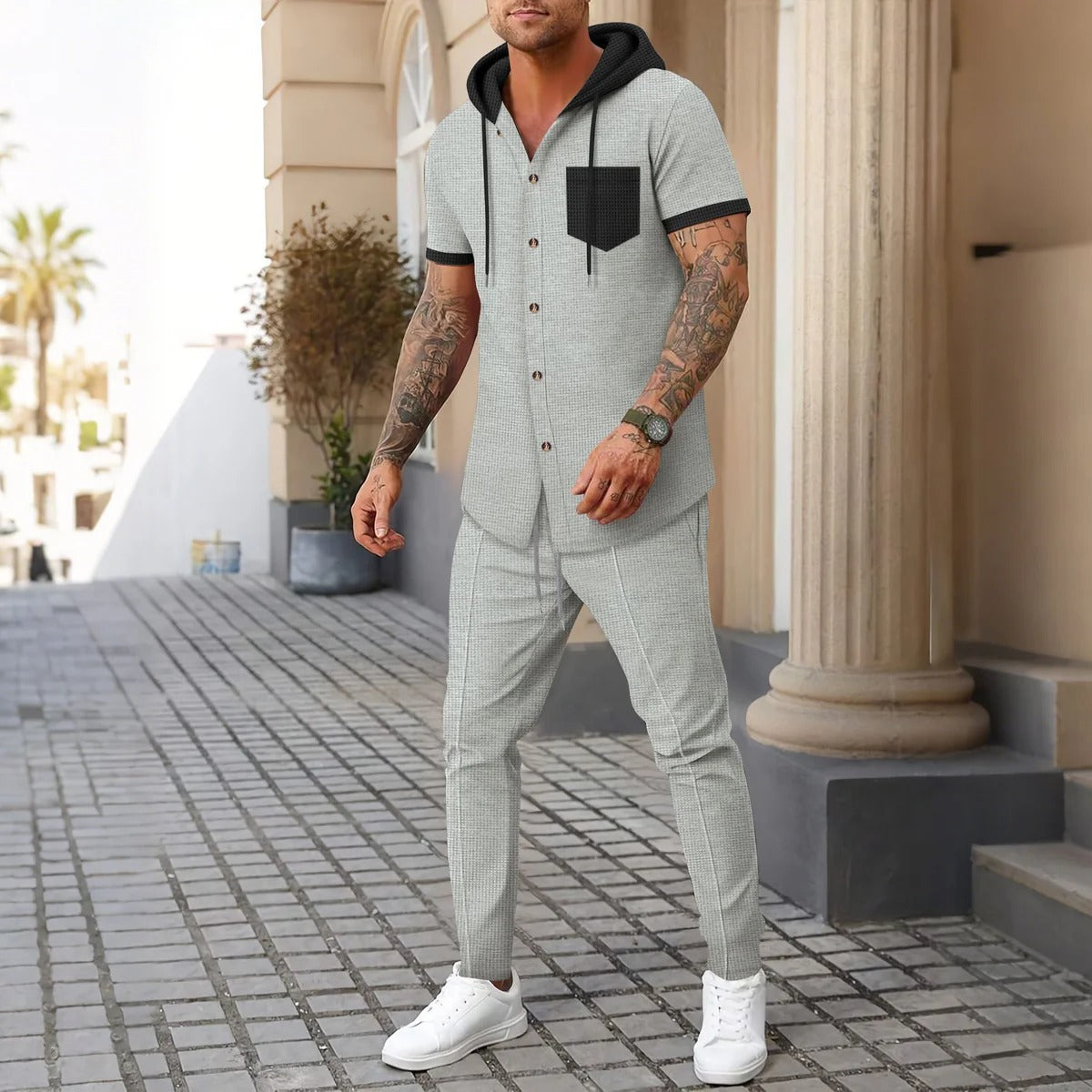 Men's relaxed-fit hooded training jacket gray button closure breathable fiber blend active casual
