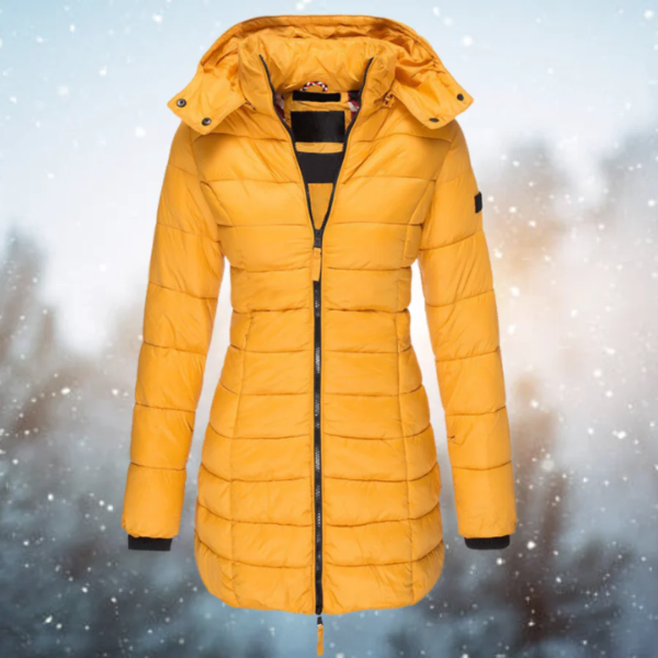 Women's long puffer jacket tailored fit quilted insulation detachable hood chic winter warmth