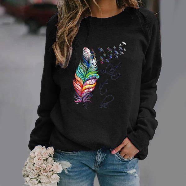 Women's relaxed fit crew neck sweatshirt in cotton blend fabric with subtle feather print long sleeve design