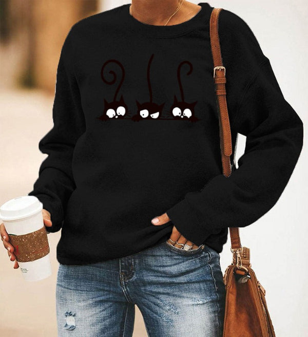 Women's oversized crewneck sweatshirt with playful cat print, cozy cotton blend casual fit