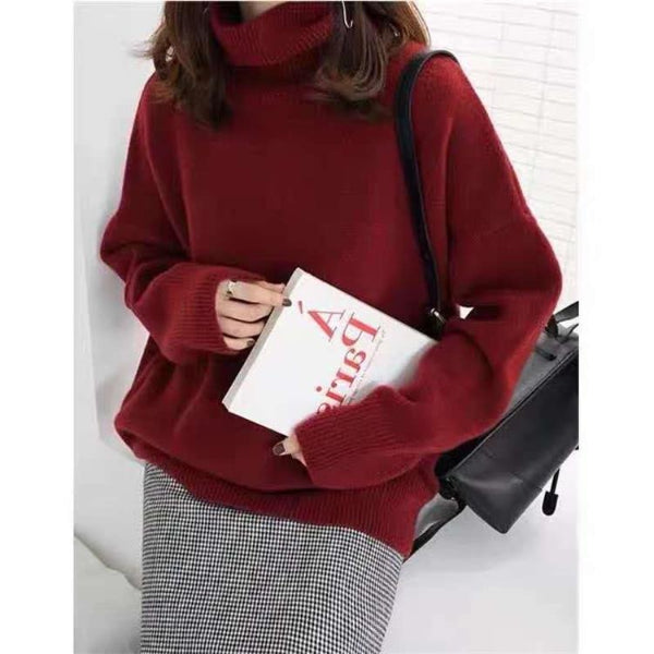 Women's oversized turtleneck sweater soft wool ribbed cuffs and hem cozy relaxed fit