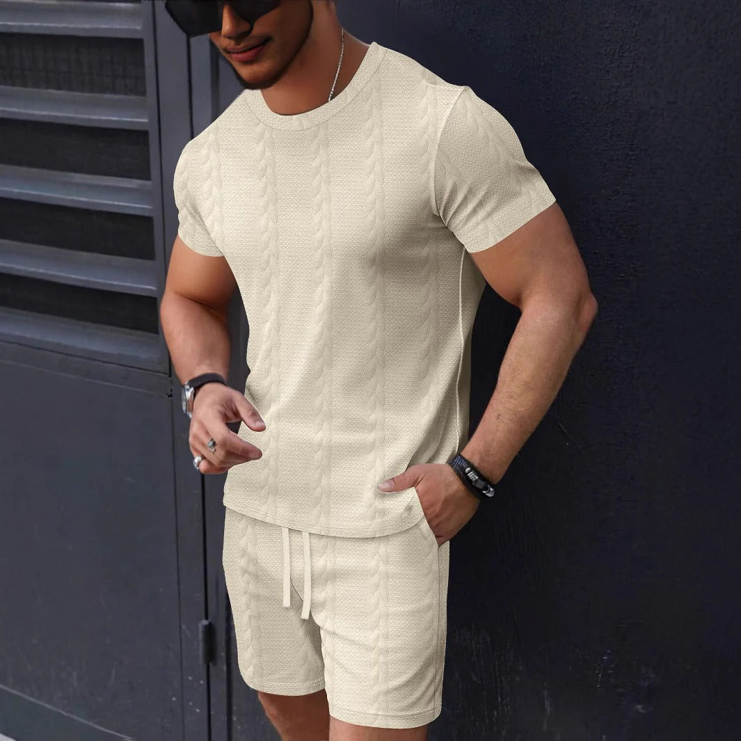 Men's textured knit t-shirt and shorts set, regular fit, round neck, drawstring waist, loungewear