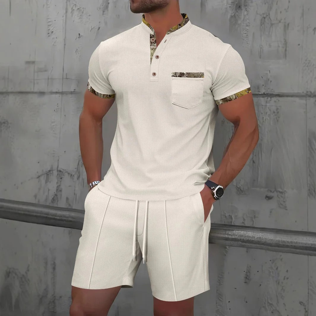Men's slim fit mandarin collar shirt set with drawstring shorts, breathable soft fabric, casual style