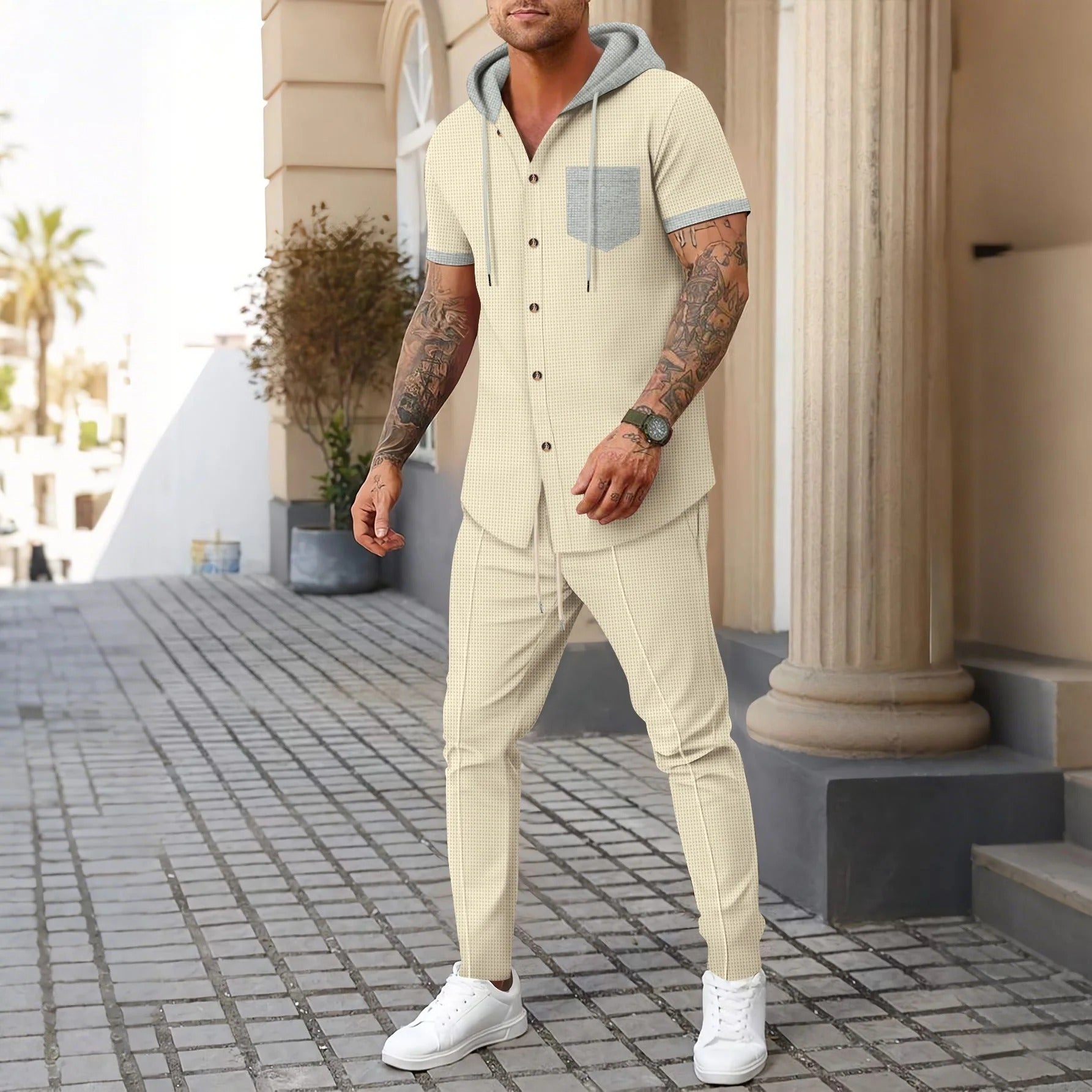 Men's relaxed-fit hooded training jacket grey button closure soft breathable fabric activewear set