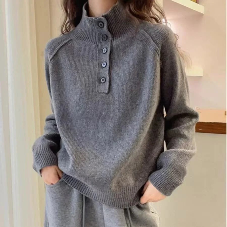 Women's cozy ribbed knit sweater relaxed fit high collar with button details for modern everyday style