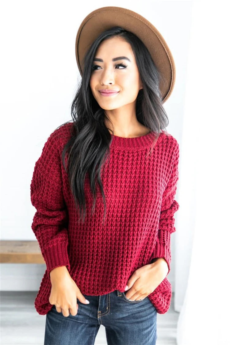 Women's oversized chunky honeycomb knit sweater with ribbed edges, cozy relaxed silhouette for everyday wear