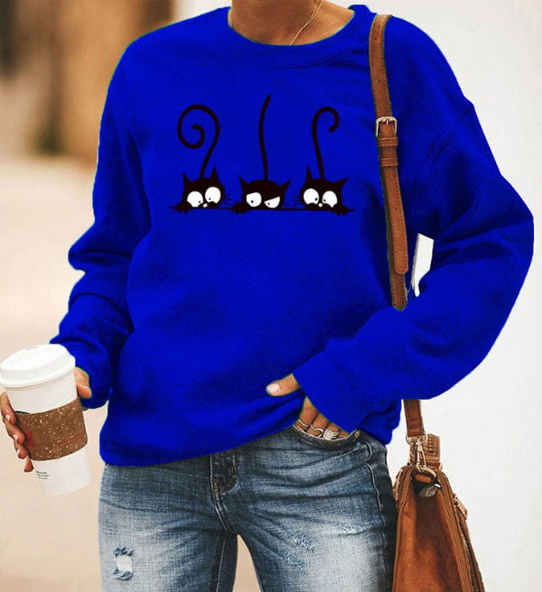 Women's oversized crewneck sweatshirt in cotton blend with playful cat print for casual everyday wear