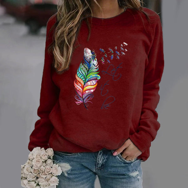 Women's relaxed fit crew neck sweatshirt cotton blend long sleeve with subtle feather print pattern