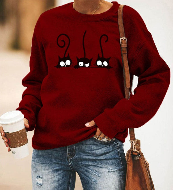 Women's oversized crewneck sweatshirt cotton blend cozy casual cat print graphic pullover