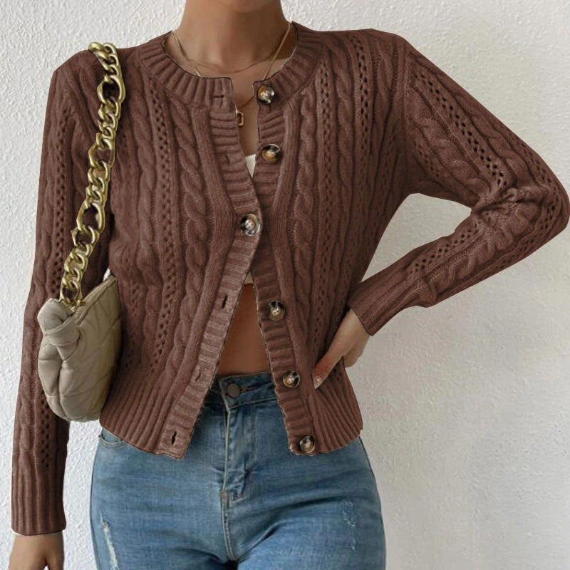 Women's slim fit cable knit cardigan with button closure, versatile everyday layering essential