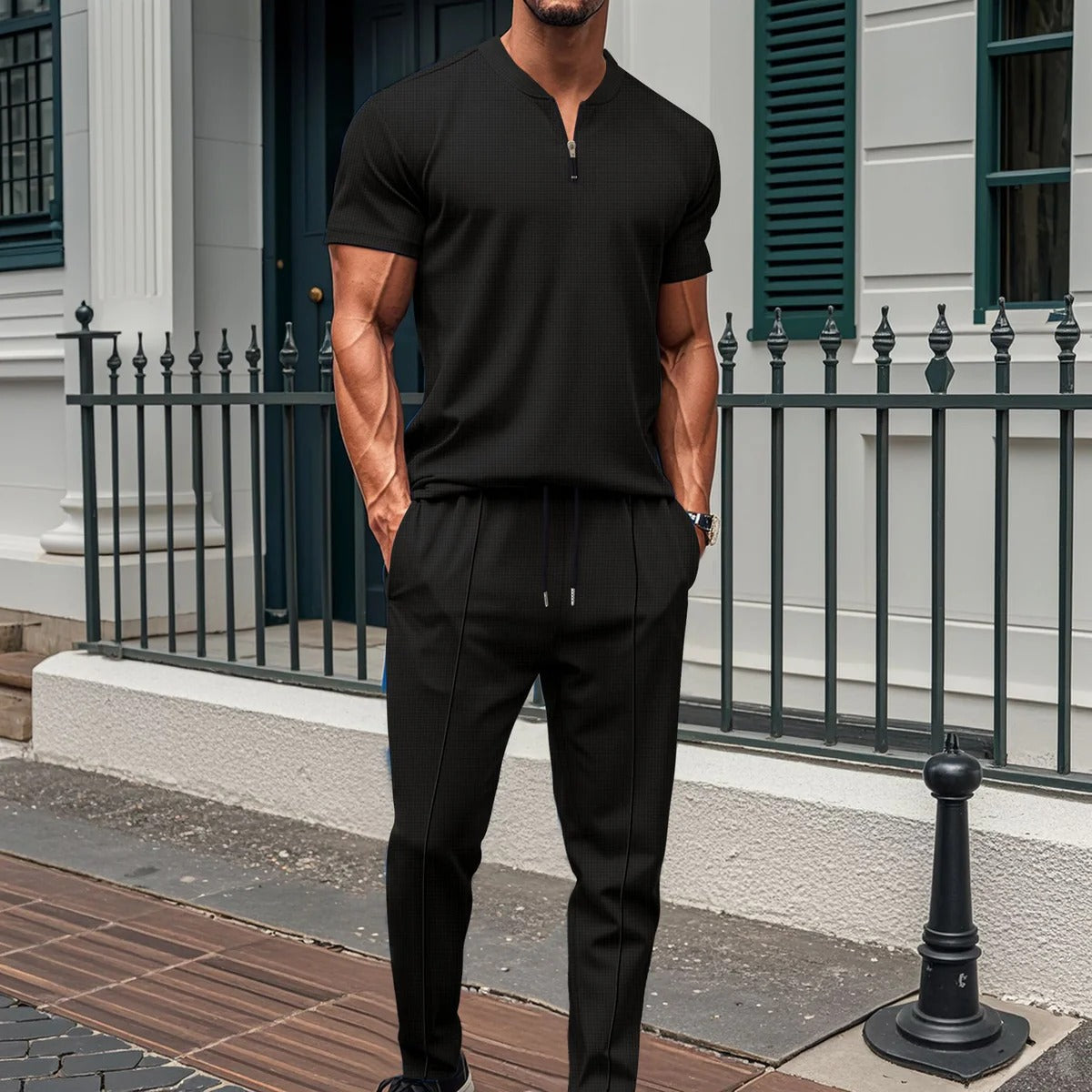 Men's slim fit gray training set with zip top and elastic waist pants for gym workouts