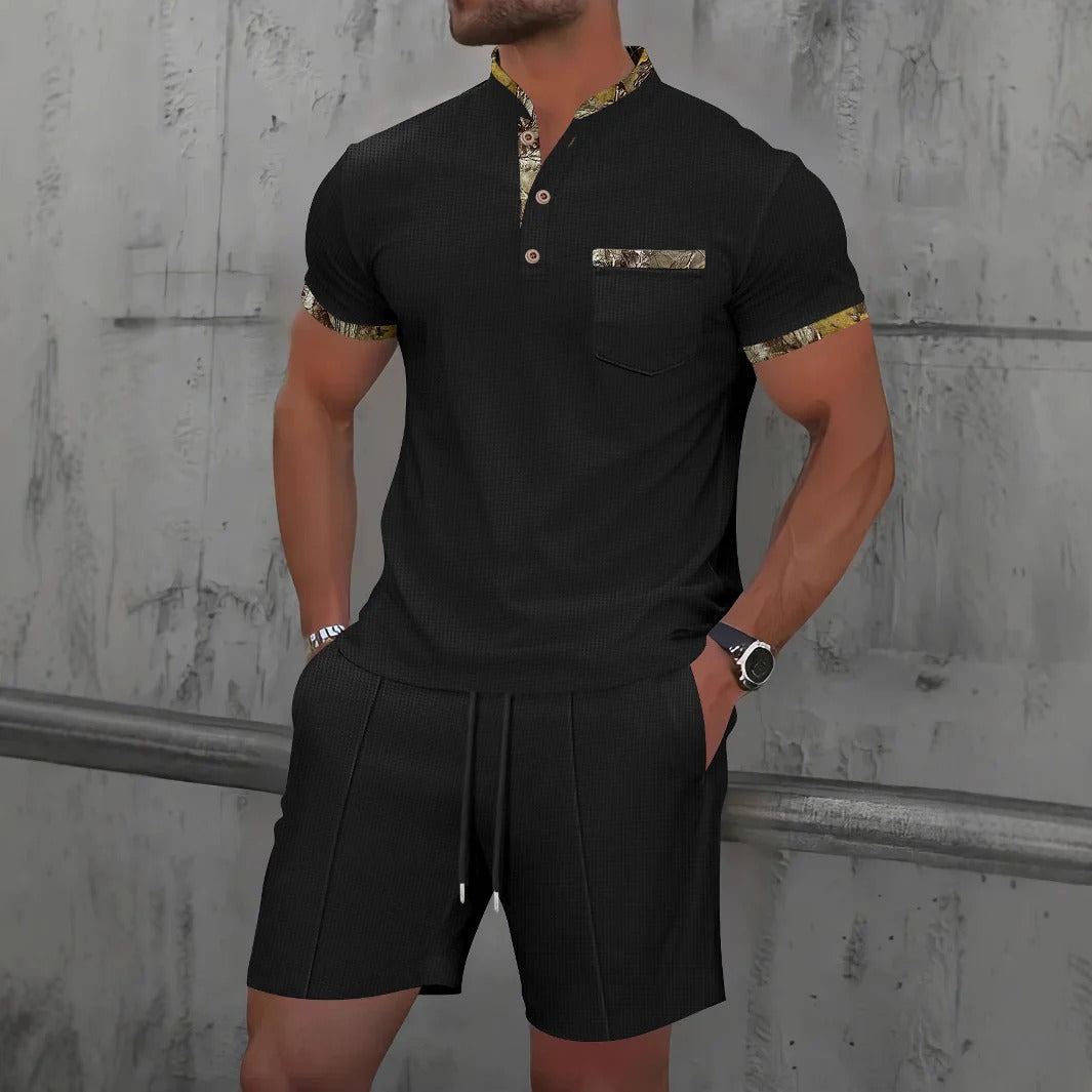 Men's slim fit mandarin collar shirt set with drawstring shorts, breathable soft fabric, modern style