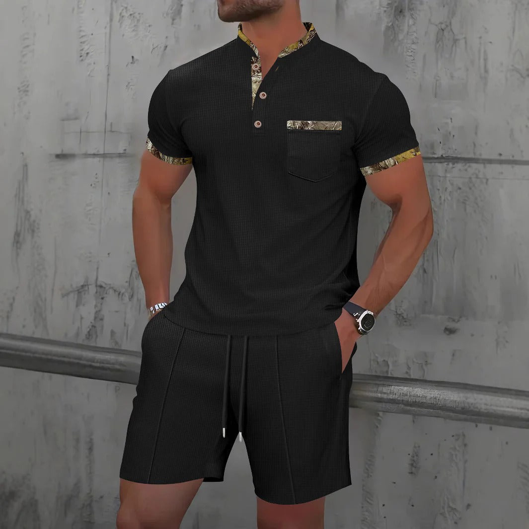 Men's slim fit mandarin collar shirt set with drawstring shorts, breathable soft fabric, modern style