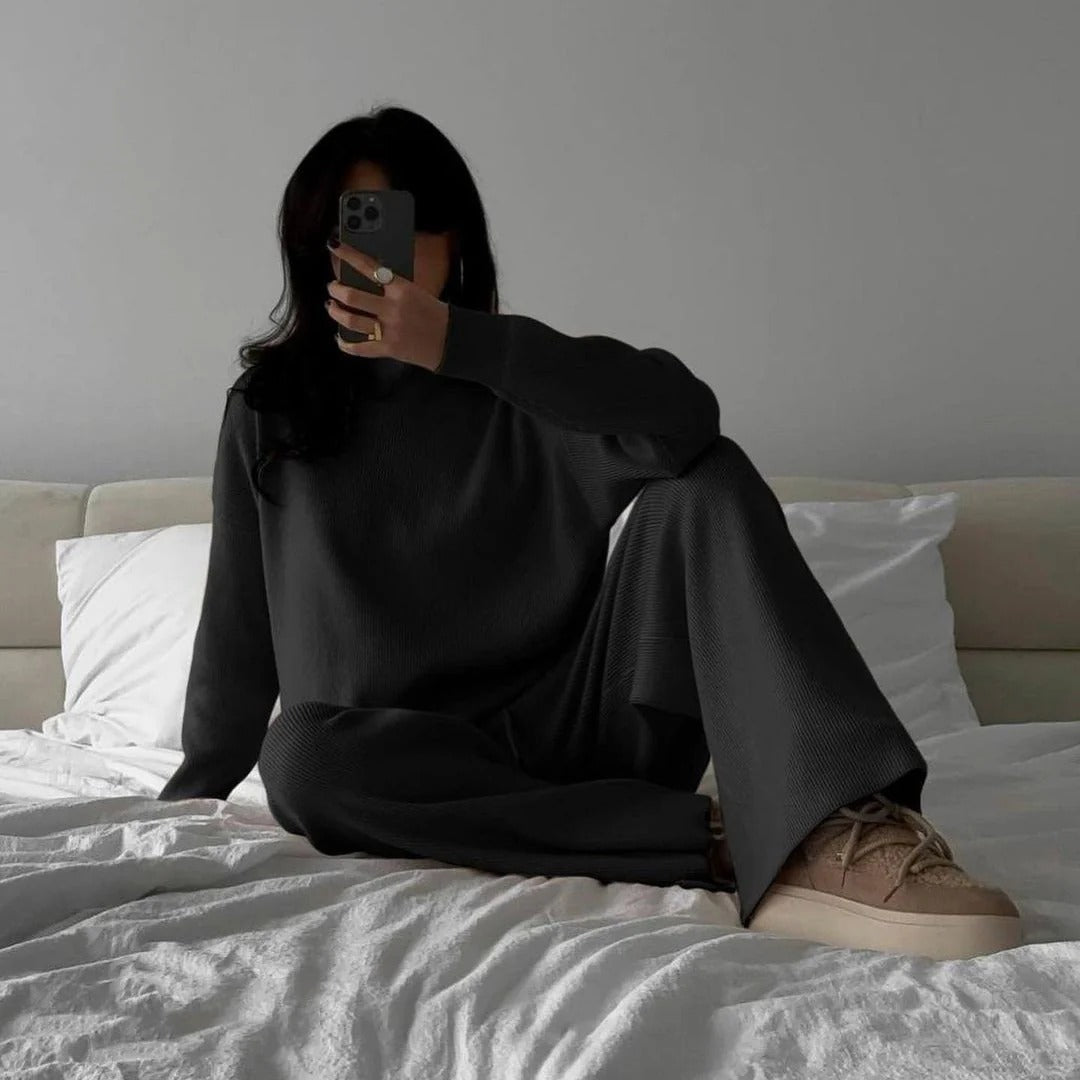 Women's ribbed knit two-piece loungewear set oversized fit high neck side slits cozy chic style