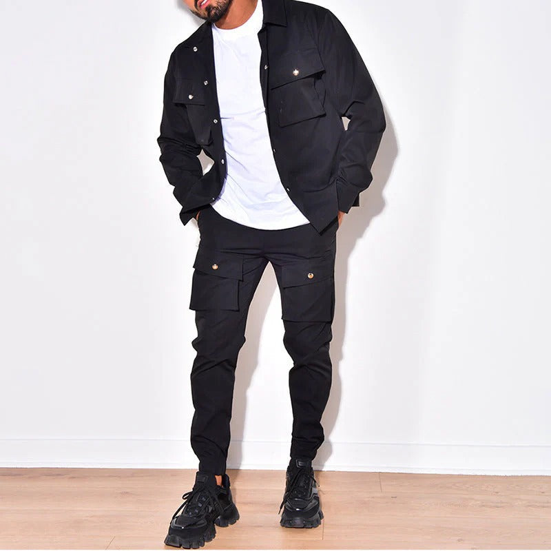 Men's cotton blend two-piece set with relaxed jacket and slim tapered joggers in coordinated style