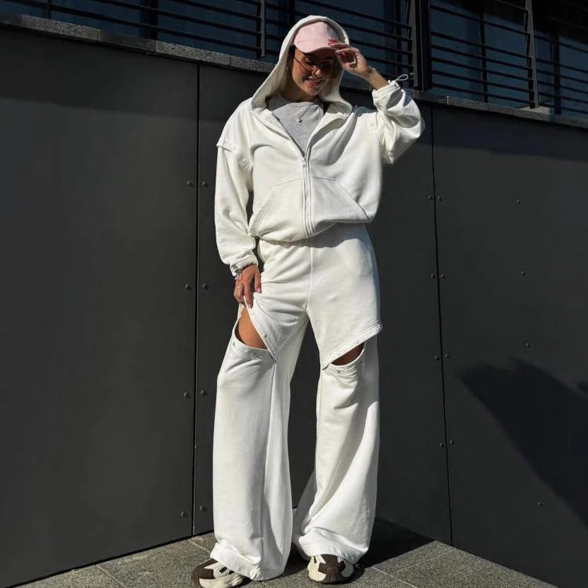 Women's two-piece loungewear set gray hooded zip top wide-leg pants with knee cutouts relaxed fit