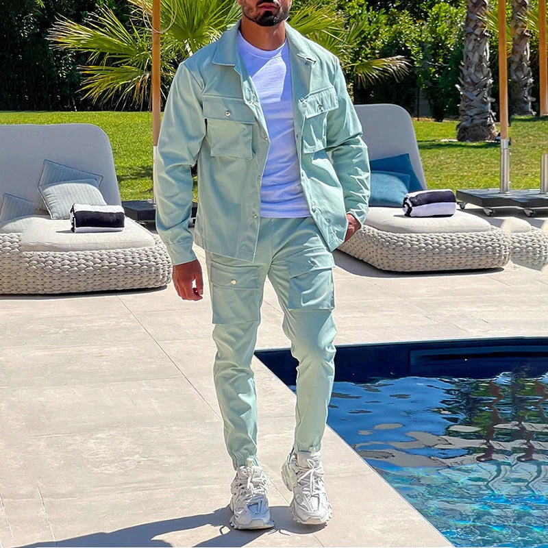 Men's cotton blend two-piece set with relaxed jacket and slim tapered joggers in coordinated style