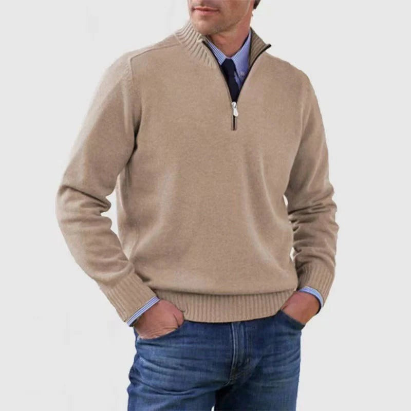 Men's quarter zip sweater business casual navy blue slim fit adjustable neckline professional style
