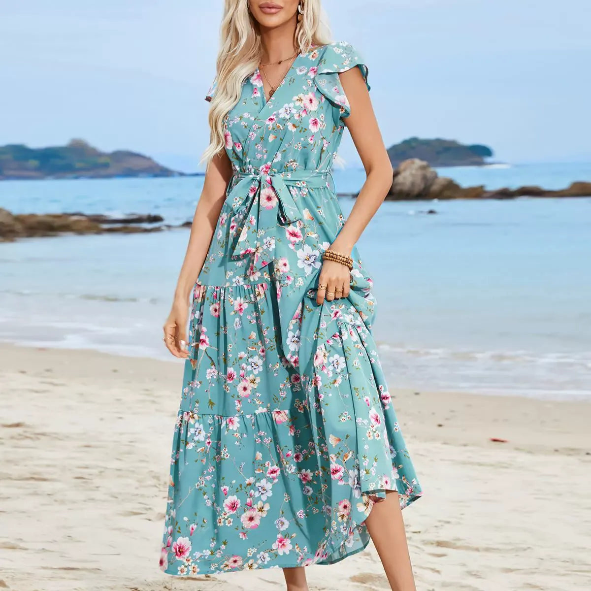 Women’s Boho Dress – V-Neck – Tie Waist – Floral Print – Ruffled Sleeves – Cotton Blend - Urbann-Vibe