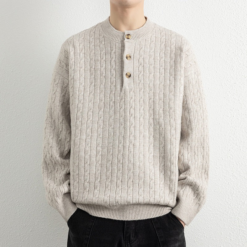 Men's wool blend knit henley pullover sweater with three-button placket and ribbed trim