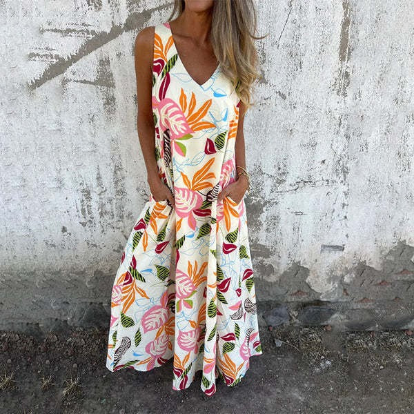 Women's sleeveless maxi dress V-neck relaxed fit leaf pattern lightweight cotton summer casual