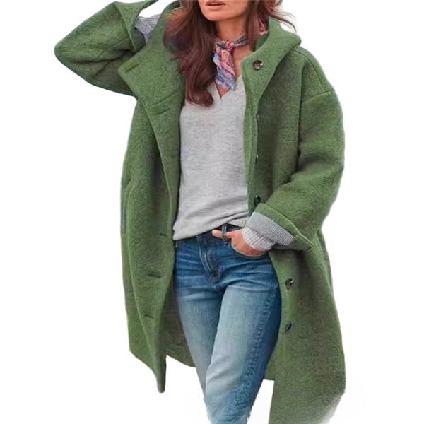 Women full-length wool-blend hooded coat oversized fit button front casual winter style