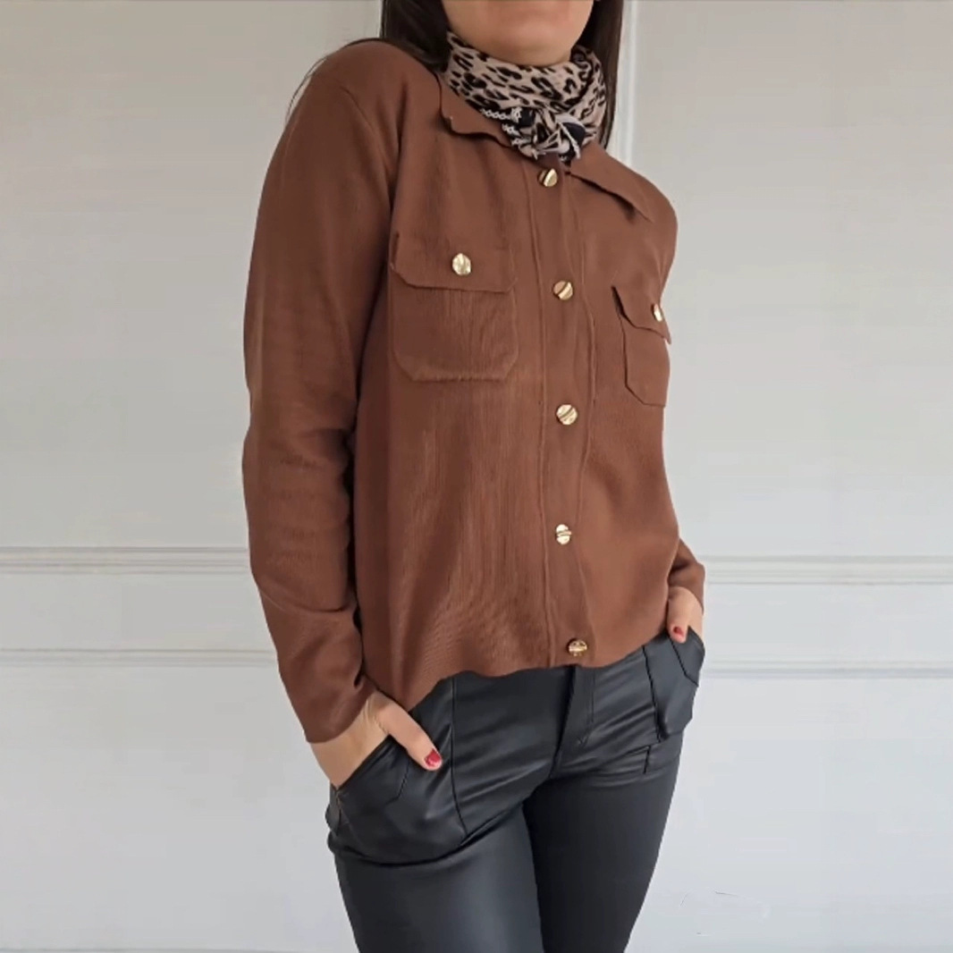 Women's corduroy cardigan relaxed fit lapel collar chest pockets casual versatile layering piece