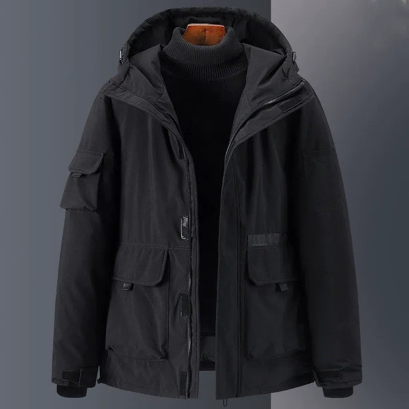 Men's black hooded down jacket water-resistant relaxed fit with multiple utility pockets