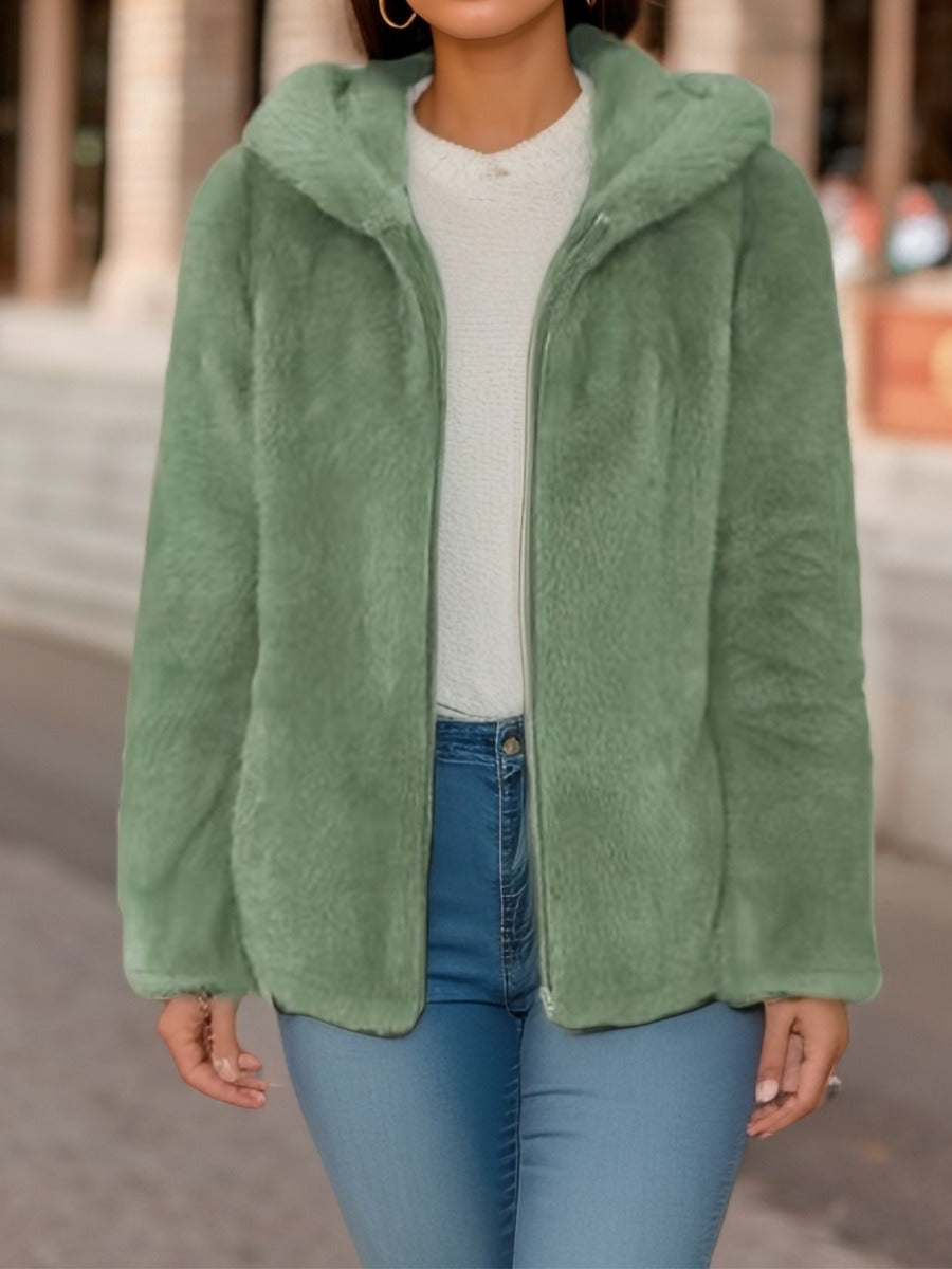 Women's coral fleece zip-front hoodie with wool lining, relaxed fit, cozy insulated sweatshirt