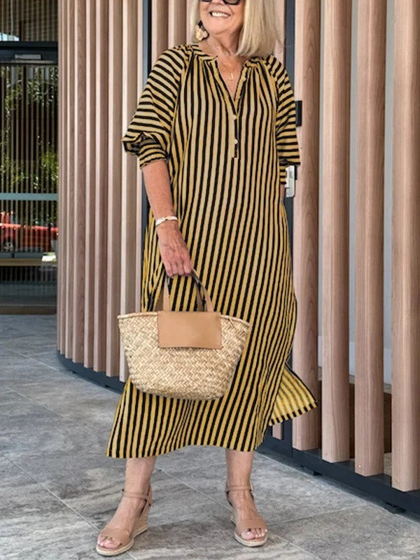 Women's lightweight cotton striped midi dress, V-neck loose fit, breathable summer comfort