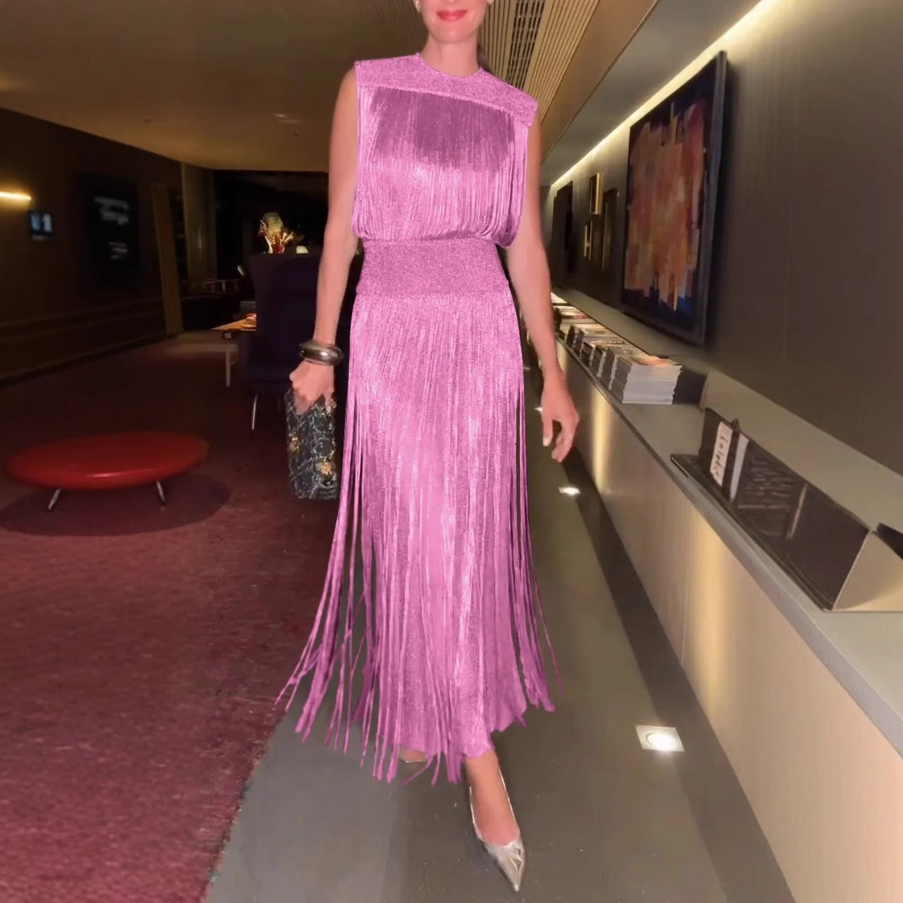Women's sleeveless midi dress elegant fit fringe hem silky soft versatile day-to-night style