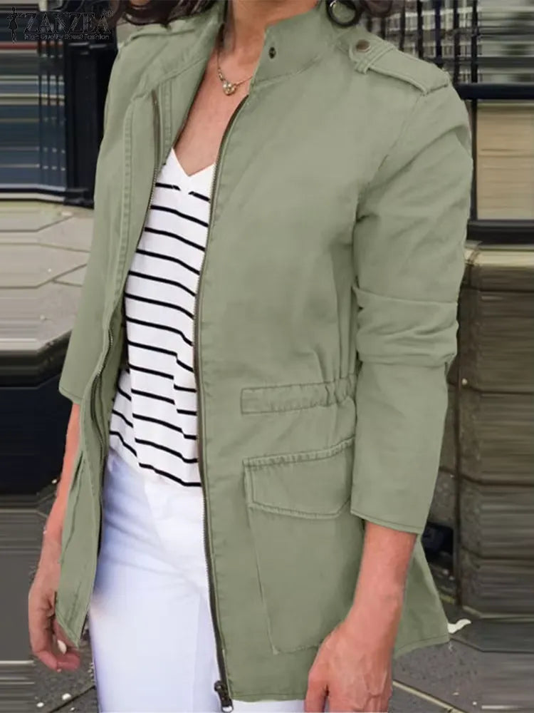 Women's relaxed fit cotton cargo jacket with stand collar, zipper closure, and flap pockets