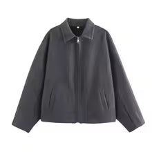 Women's wool texture loose fit jacket with zip closure and lapel collar for casual everyday wear