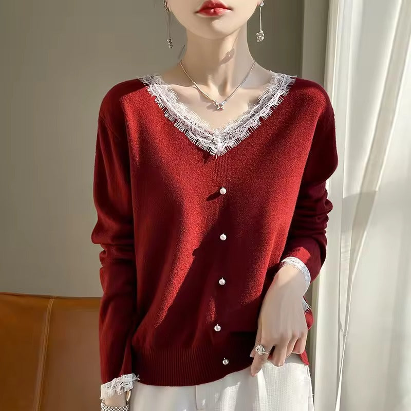 Women's wool blend relaxed fit sweater in neutral tone with delicate lace V-neck detail