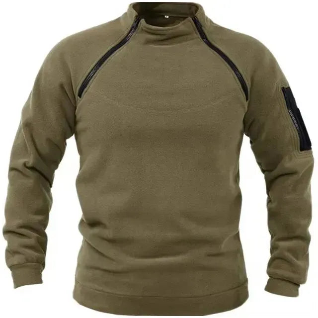 Men's gray fleece pullover relaxed fit high collar with utility zippers for outdoor warmth