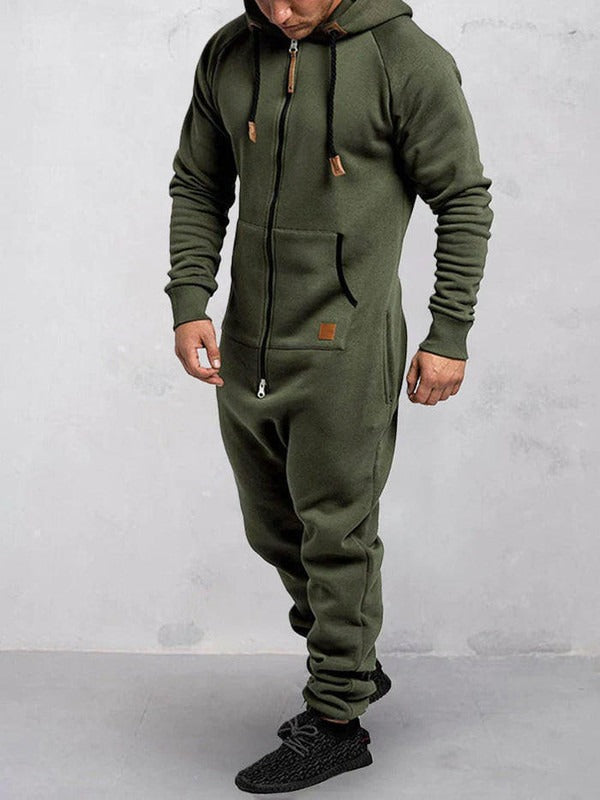 Men's relaxed fit fleece hooded jumpsuit full length zip-up lounge wear in casual urban style