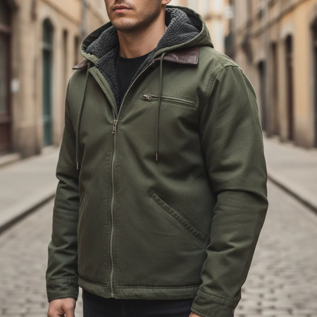Men's blue hooded winter jacket durable polyester fleece-lined urban everyday outerwear