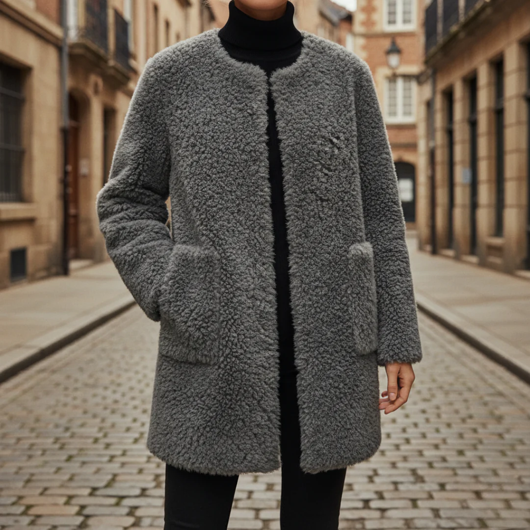 Women's camel teddy fleece coat classic fit with cozy pockets warm winter essential outerwear
