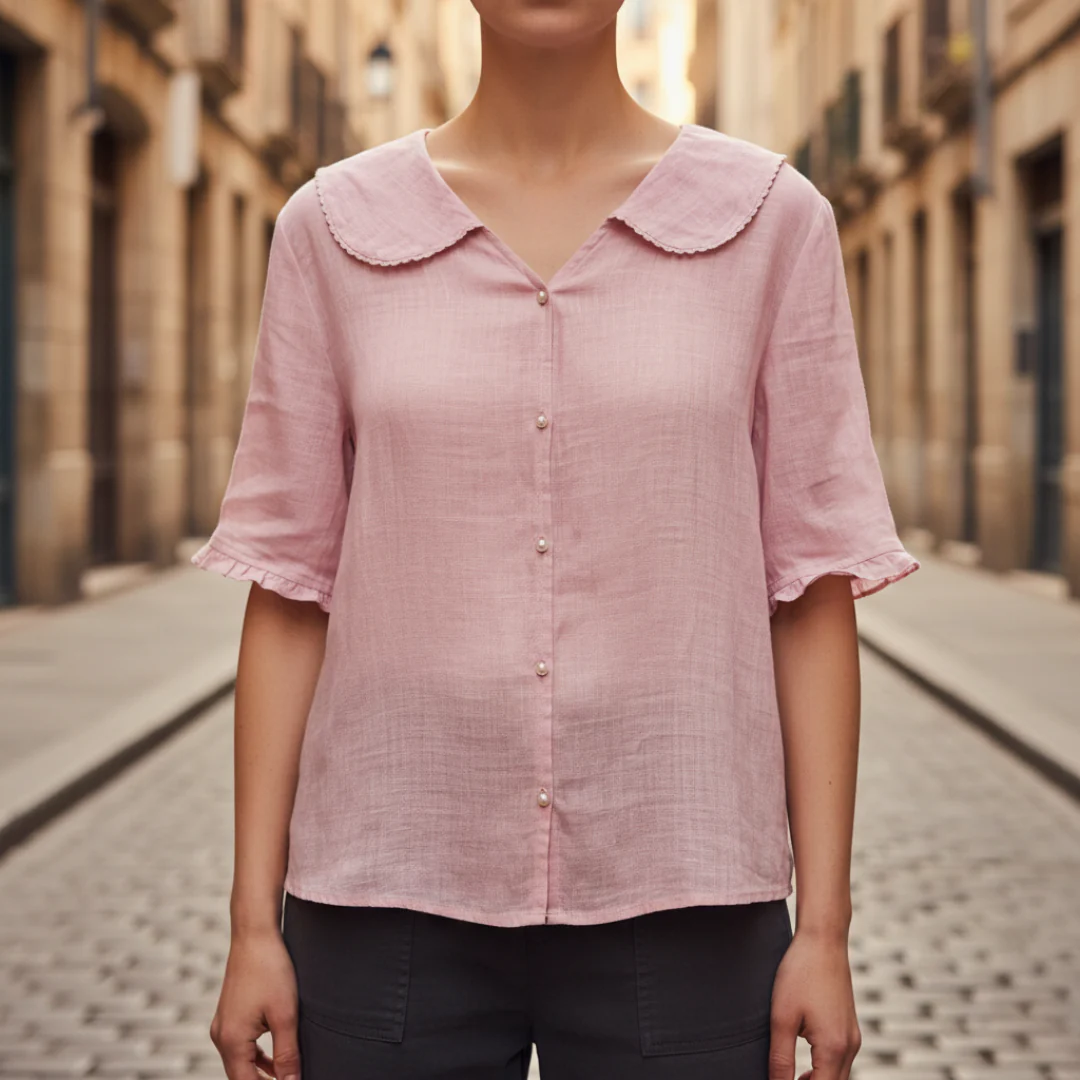 Women's lightweight linen shirt loose fit classic collar short sleeves breathable summer top