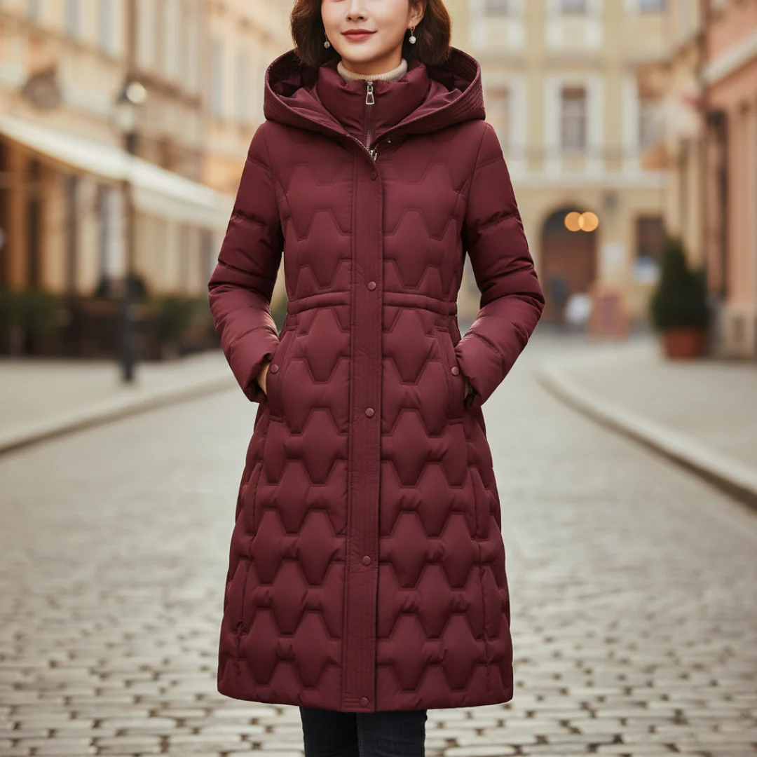 Women's long quilted coat with hood, feather-padded windproof outerwear in beige, black, brown or red