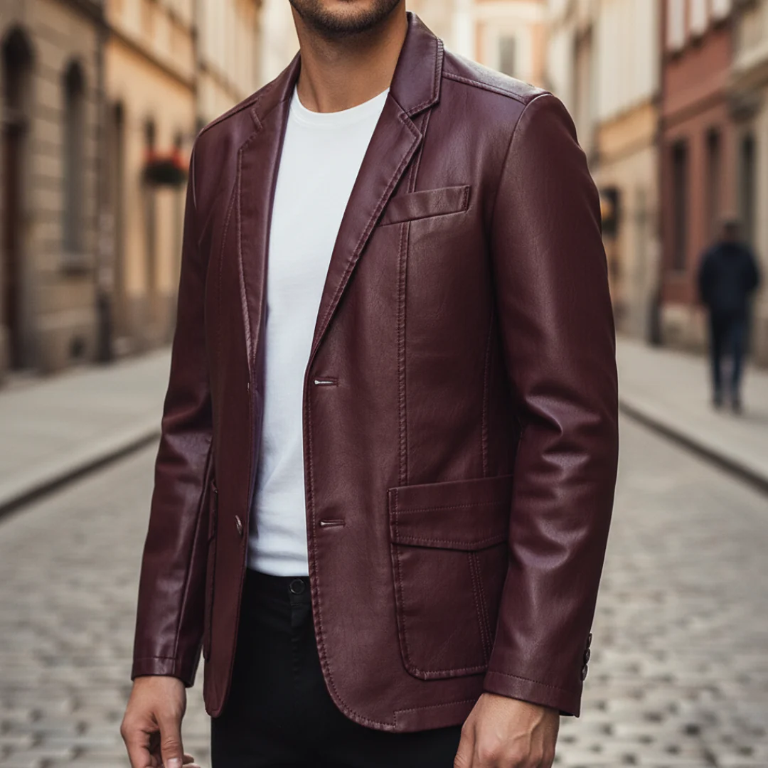 Men's black faux leather blazer classic fit structured shoulders two-button formal smart casual